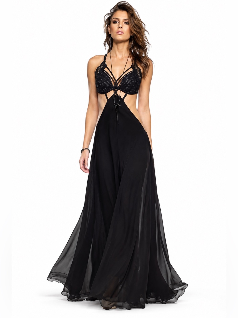 Hip cut out, body, conscious, black, backless gown prom dress red carpet.